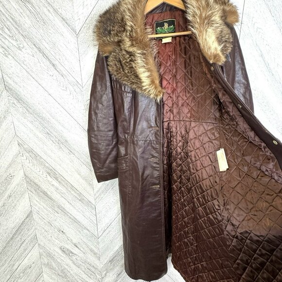 Vintage 70s Leather Trench Coat Womens Small Brown Belted Fur Trim Collar Boho - Picture 11 of 13